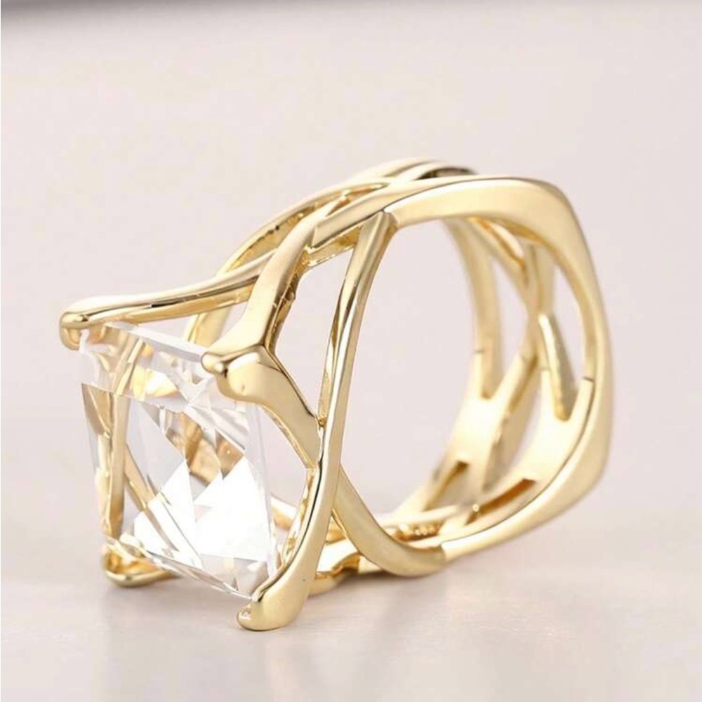 Gold Statement Ring With Clear Crystal Center Siz… - image 3